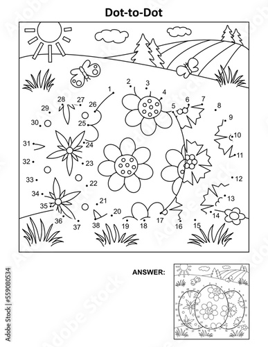 Easter dot-to-dot picture puzzle and coloring page with three painted eggs. Answer included.

