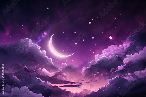 Purple clouds, a dreamy background, and a glitter design. Generative AI
