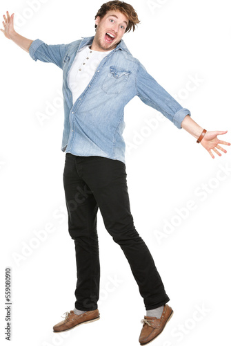 Man jumping excited in full body isolated in transparent PNG. Casual funny Caucasian guy in his twenties. photo