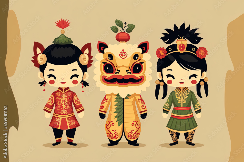 Chinese New Year procession characters of people, isolated on a beige backdrop. Asian teenagers in cute costumes do the traditional dragon and lion dance. Generative AI
