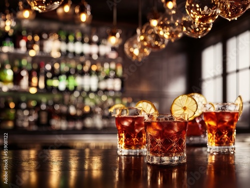 A variety of cocktails assortment served are placed on the counter bar in the restaurant on dark bar background. Classic drink menu concept. Copy space.  