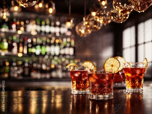 A variety of cocktails assortment served are placed on the counter bar in the restaurant on dark bar background. Classic drink menu concept. Copy space. 