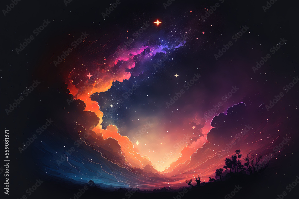 star filled sky starfall nebula Orange, violet, blue a spectacular cloudscape at sunset in the summertime. Generative AI