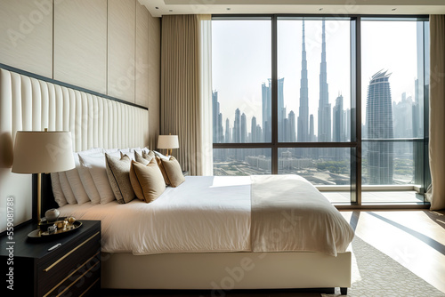 Stampa su tela With a white ceiling and wood accents, this contemporary and opulent bedroom has views of the Burj Khalifa and the skyline of downtown Dubai