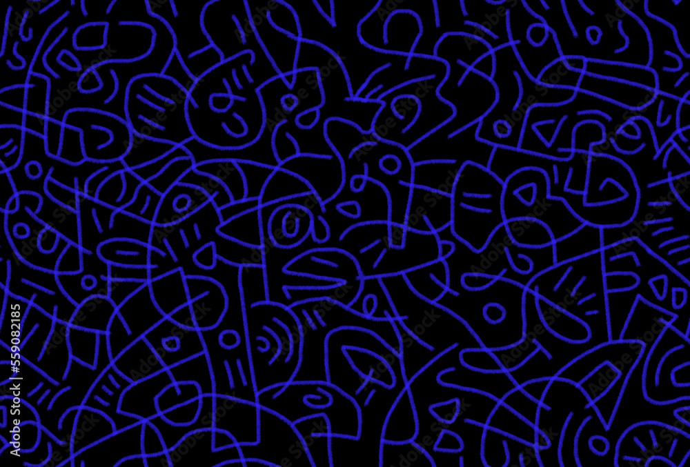 Doodles in blue lines on a black background.abstract drawing on a seamless background.