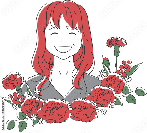 母の日のフレーム｜カーネーションの花とロングヘアの母