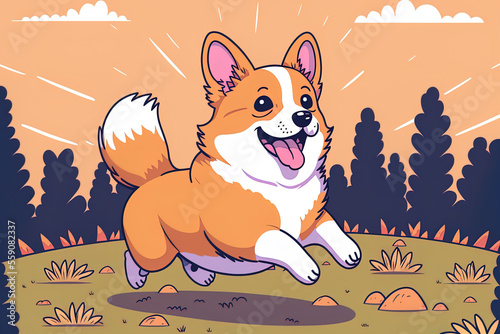 Cartoon symbol of a lovely corgi having fun. nature animal symbol idea, solitary. cartoonishly flat. Generative AI photo