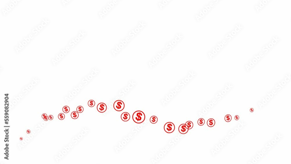 Animated red dollar coins fly from left to right. A wave with flying money. Concept of business, money, finance. Vector illustration isolated on the white background.