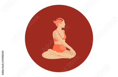Faceless woman with orange hair in orange dress is doing yoga