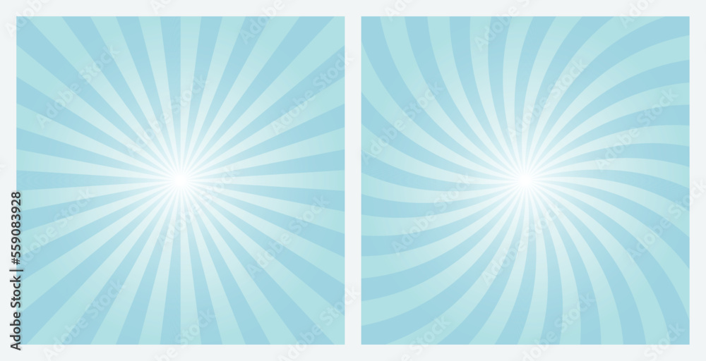 Light Blue rays background. Sunburst pattern background set. Radial and swirl retro style background in pop art style.