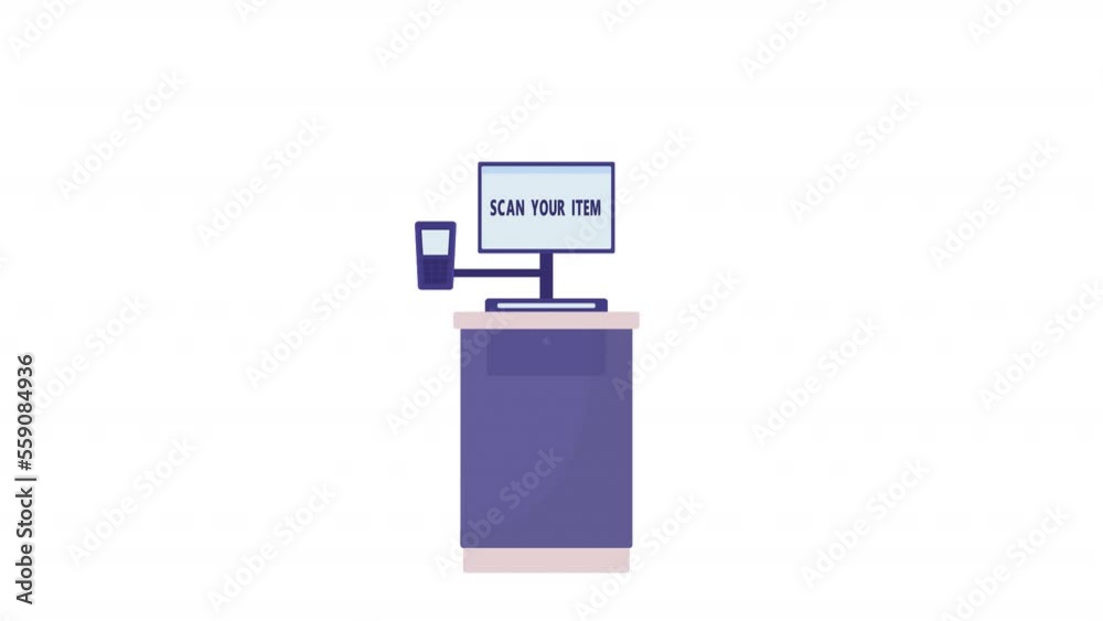 Animated self-service item checkout. Flat cartoon style HD video footage. Cash register machine. Supermarket color illustration on white background with alpha channel transparency for animation