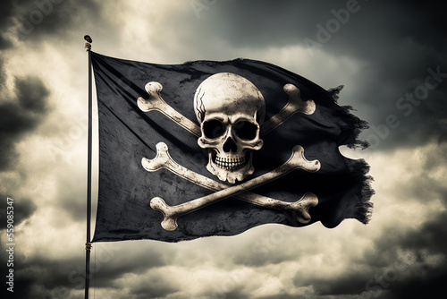 pirate flag jolly roger on a cloudy sky. Generative AI photo