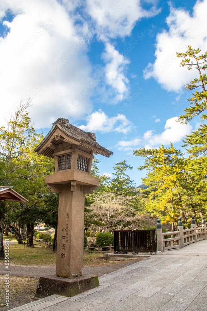 Shimane Japan 2nd Dec 2022: the stone lantern in shrine Izumo-taisha. It is one of the most ancient and important Shinto shrines in Japan. No record gives the date of establishment. Located in Izumo Shimane Japan 2nd Dec 2022: the stone lantern in shrine Izumo-taisha. It is one of the most ancient and important Shinto shrines in Japan. No record gives the date of establishment. Located in Izumo