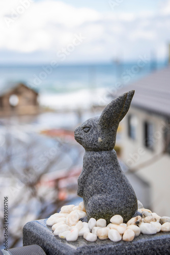 The statue of white rabbit in Hakuto Shrine Tottori Japan. There are many white stones (Musubi Ishi) for wish, that has the Chinese character “bond” in red. 
The bokeh background is Hakuto Coast. photo