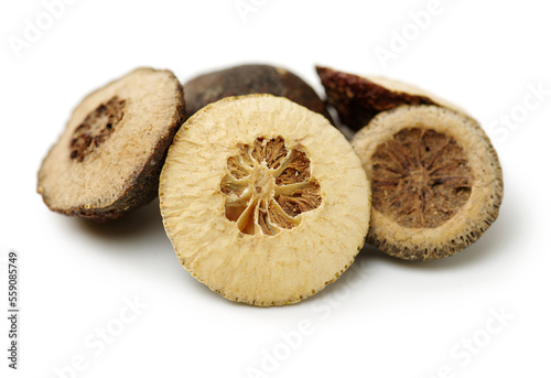 Fotografie Dried bitter orange used in chinese herbal medicine isolated over white background