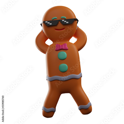 3D illustration. Image of 3D character Gingerbread wearing glasses. with a cool pose. showing a sweet smile. 3D Cartoon Character