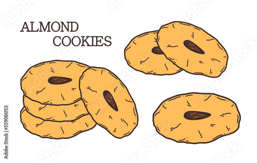 Chinese almond cookies vector illustration. Chinese New year dessert almond biscuit in doodle style.
