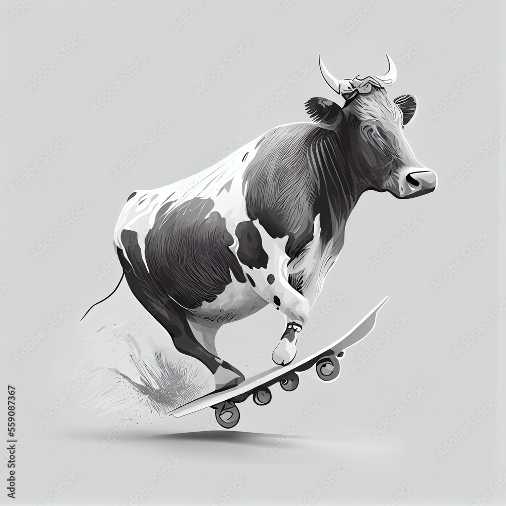 enkelt gang Anden klasse glemme Drawing of fantasy cow riding on skateboard, generative ai Stock  Illustration | Adobe Stock