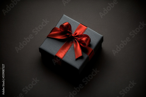 a top view little present on a dark backdrop, tied with a red ribbon for Christmas. Generative AI