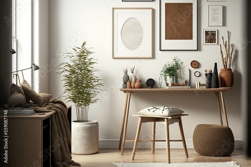Interior design of a Scandinavian living room including a chic wooden stool, mock up poster frames, a book, a ceramic jar, decorations, carpet, and personal items in a vintage style. Template