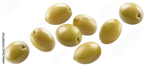 Flying delicious green olives, isolated on white background