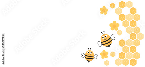 Fotografering Beehive honey sign label with hexagon grid cells, yellow daisy flower and cute bee cartoon on white background vector illustration