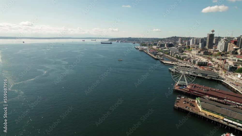 Sunny Day Aerial View of Seattle Waterfront Piers Sunny Day Aerial View of Seattle Waterfront Piers