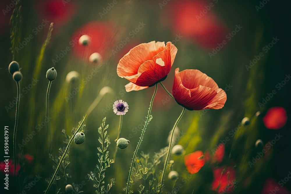 Obraz premium Poppy blossoms on a grassy backdrop with a blur. Generative AI
