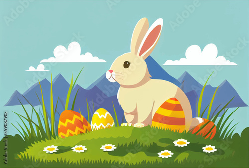 vector illustration of bunny with easter eggs in spring nature outdoors