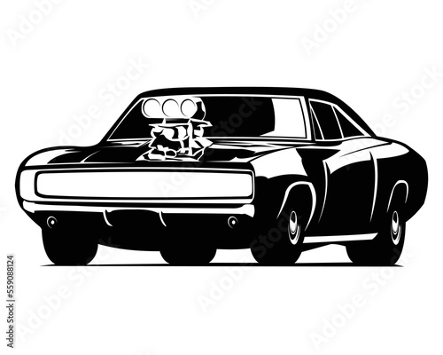 dodge supercharger 1970. silhouette vector isolated white background showing from side. Best for logos, badges, emblems, concepts and car industry.