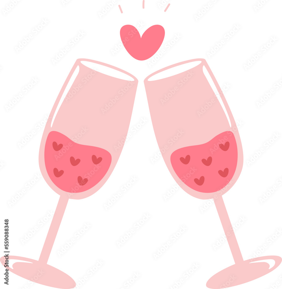 Kawaii Wine Glass Valentine Illustration Doodle Isolated Cheers Couple Two Pink Red Kawaii Wine Glass Valentine Illustration Doodle Isolated Cheers Couple Two Pink Red
