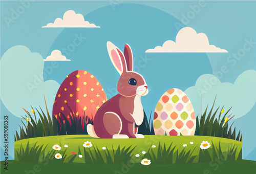 vector illustration of bunny with easter eggs in spring nature outdoors