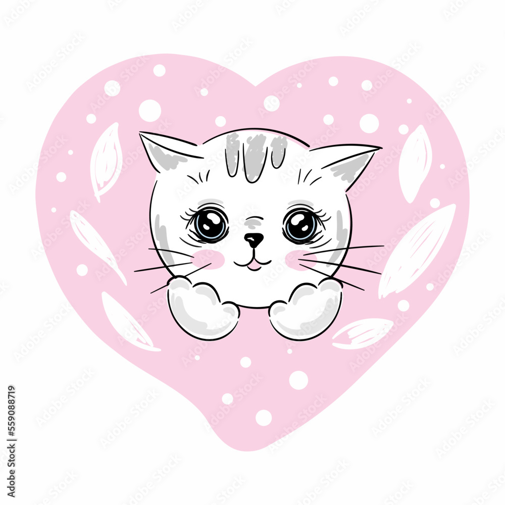 Cute Cartoon white kitten with pink heart on a white background