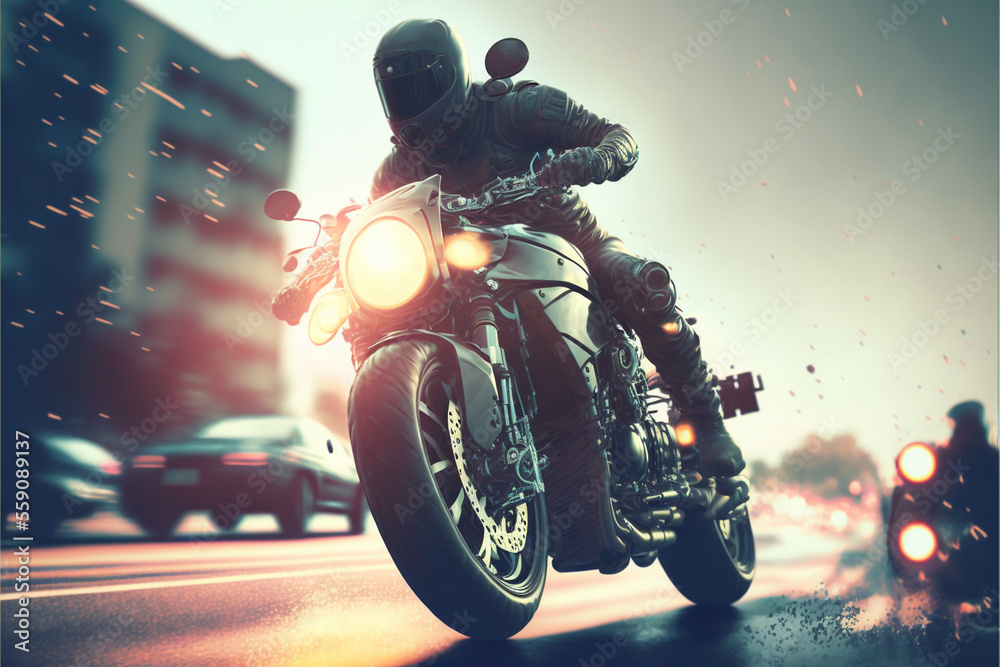 Man Riding Motorcycle On Road Against, panning. Generated AI