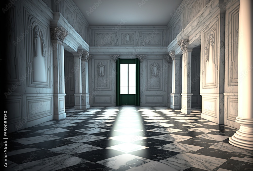 empty marble room with columns, checkered tile flooring and light coming from doorway, generative ai composite, empty marble room with columns, checkered tile flooring and light coming from doorway, generative ai composite,