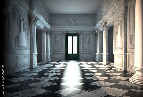 empty marble room with columns  checkered tile flooring and light coming from doorway  generative ai composite  