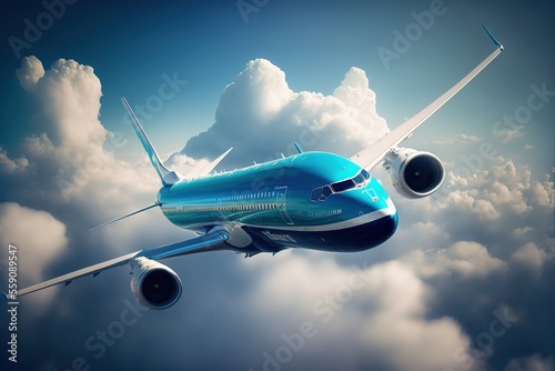 airplane in the clouds, blue airplane in flight on a sunny day amongst clouds, generative ai composite