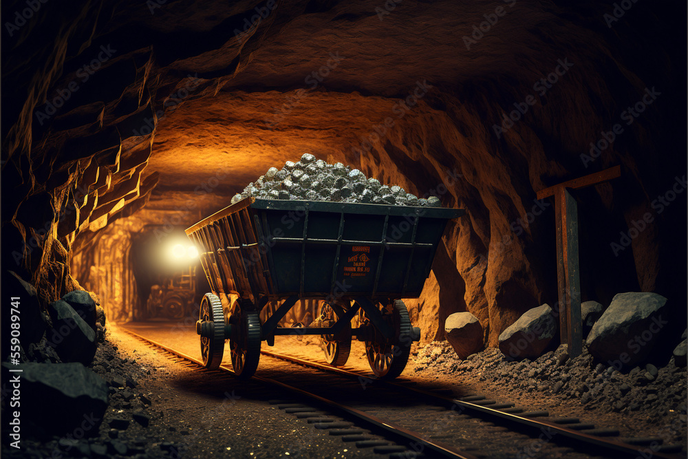 Mining cart in mine tunnel. wide angle, Generated AI - obrazy, fototapety, plakaty 