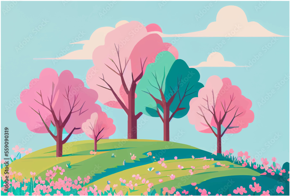 vector illustration of spring park with pink and green tree nature outdoor cartoon style