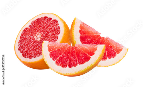 Ripe half of pink grapefruit citrus fruit on transparent png