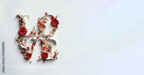 Word LOVE in roco style. Flowers wrap around each letter. On an isolated background. Valentine's day. For postcards, cards, boards, banner. Generative AI. Copy space. photo