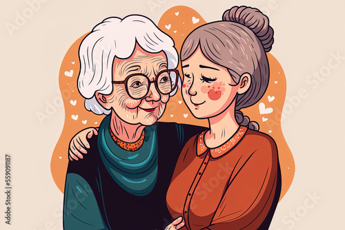 lovely elderly woman and her grownup daughter. Illustrations in form in the hand drawn style. Generative AI
