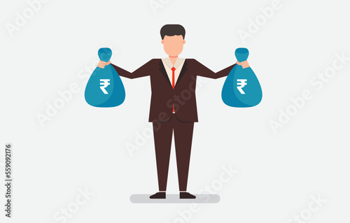 Businessman standing with money bag, currency bag in hand. Rich businessman with money.