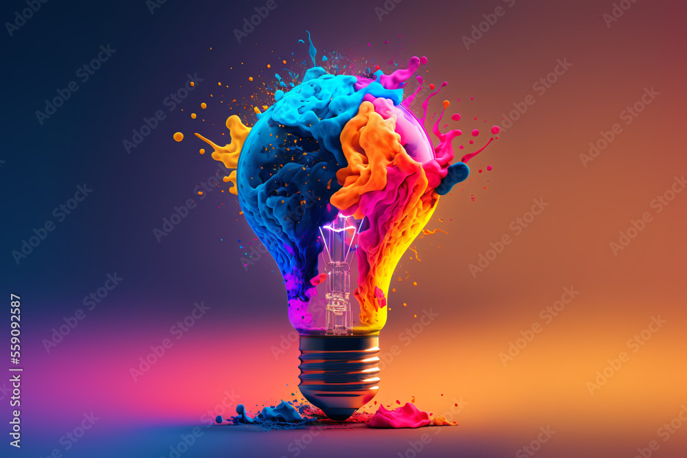 Obraz a colorful glowing 3d idea bulb lamp, visualization of brainstorming, bright idea and creative thinking fototapeta, plakat