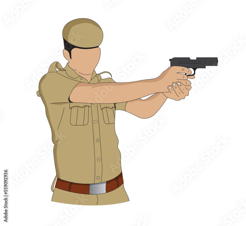 Indian police constable in uniform with gun. Police man aiming with gun vector illustration