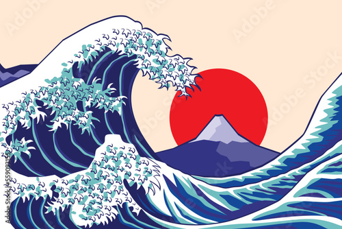 Fototapeta great wave off kanagawa background with Fuji mountain and the sun drawing in vec