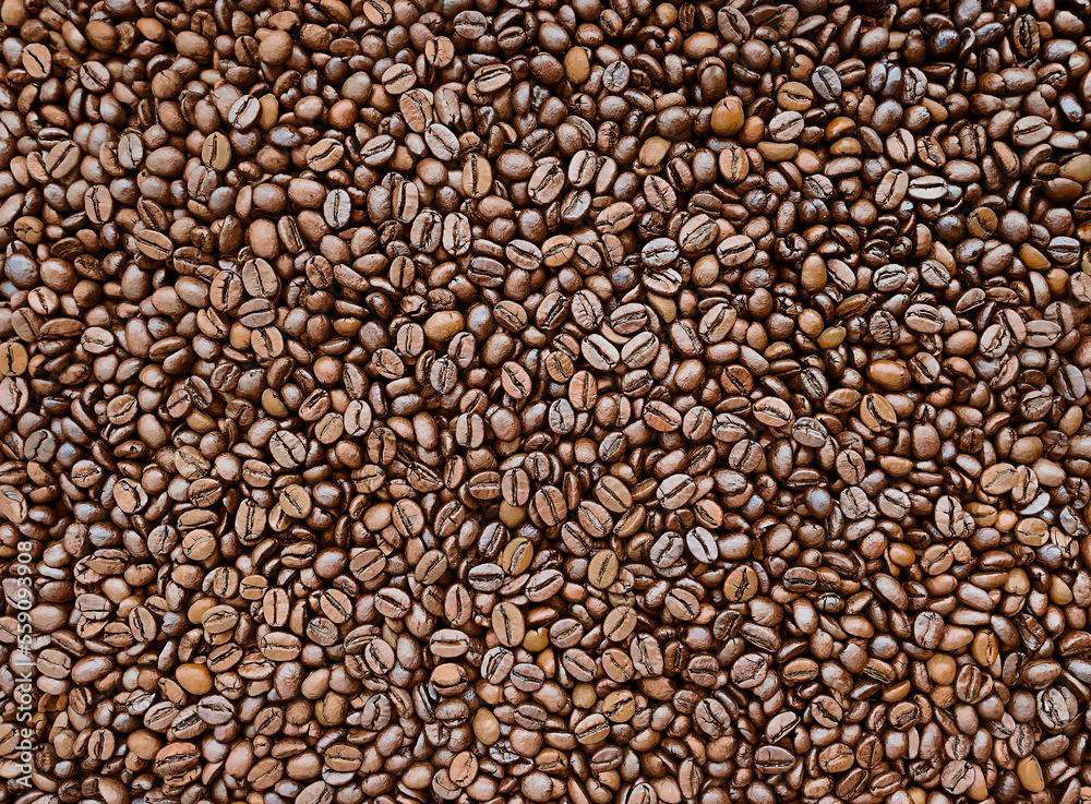 Roasted coffee beans. Top view. Background. Copy space Roasted coffee beans. Top view. Background. Copy space