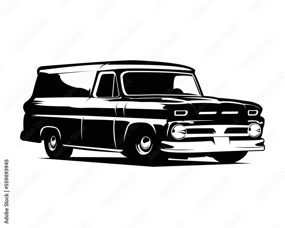 1965 panel truck silhouette. view from side isolated white background. Best for badges, emblems, icons, sticker designs, and for the trucking industry.