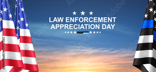 Thin Blue Line. American flag with police blue line on a background of sunset. Support of police and law enforcement. National Law Enforcement Appreciation Day. EPS10 vector