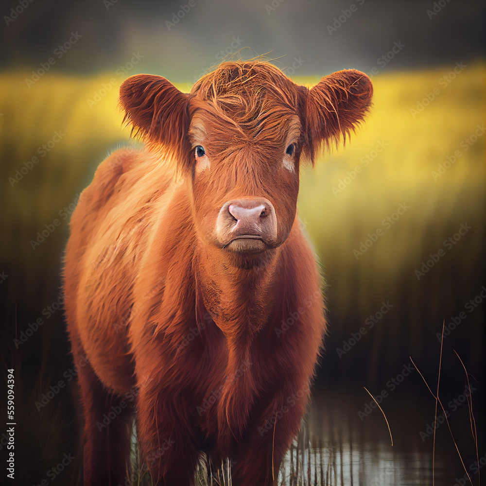 Young cow in pasture, created with Generative AI technology. Young cow in pasture, created with Generative AI technology.
